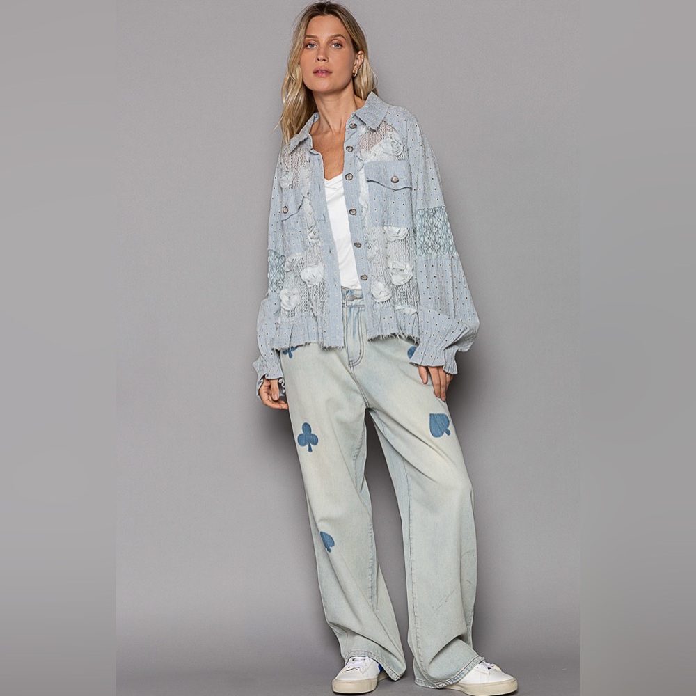 949. POL LAST 1! Jacket Top shacket Blue Lace Woven Balloon Sleeve Front Pockets - Picture 5 of 5